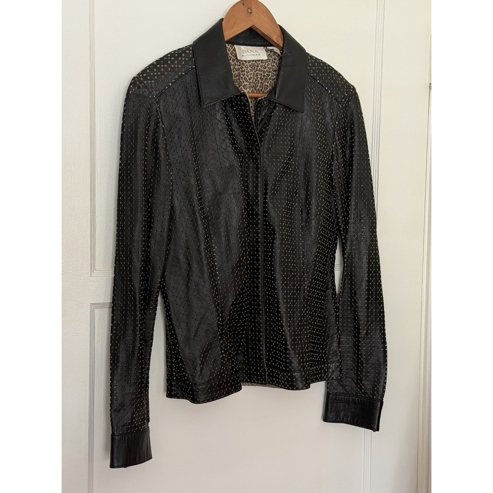 Dana Buchman Women's Black Leather Laser Cut Shirt Jacket Sz 6 VTG Y2K 90s